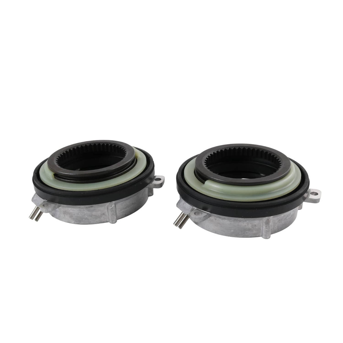 Two 4WD locking hub axle actuators with black rubber seals and silver metal bodies