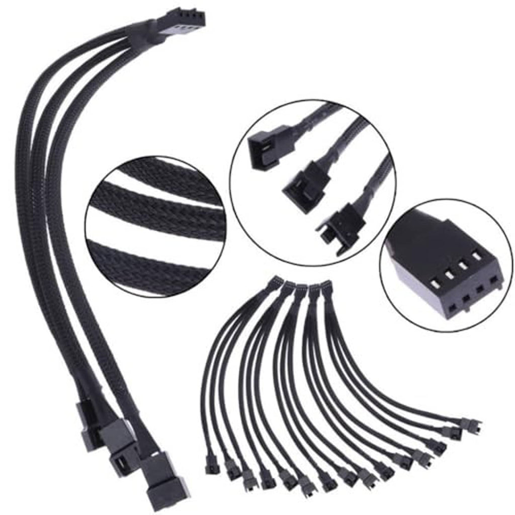 Bulk fan splitter cable bundle with black braided sleeving and multiple keyed connectors