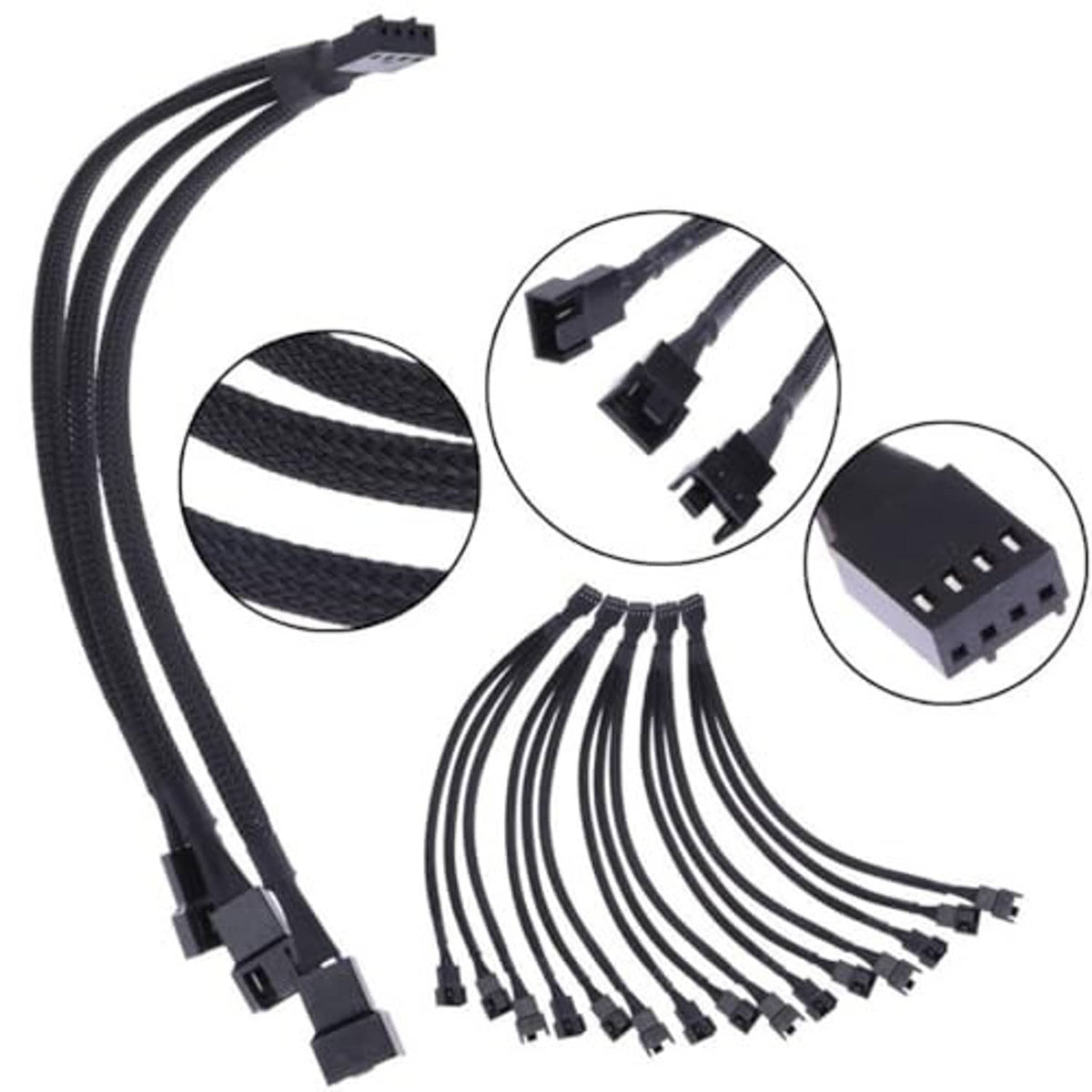 Bulk fan splitter cable bundle with black braided sleeving and multiple keyed connectors