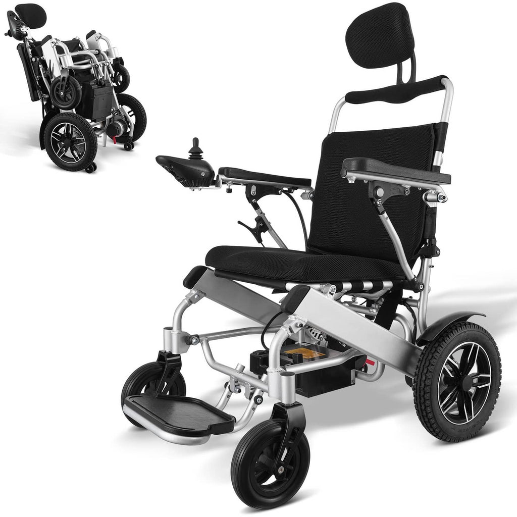 Folding electric wheelchair with black cushioned seat, reclining backrest, and armrests