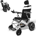 Folding electric wheelchair with black cushioned seat, reclining backrest, and armrests