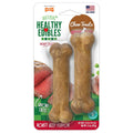 Dog chew bone treats in retail package, showing two tan bones
