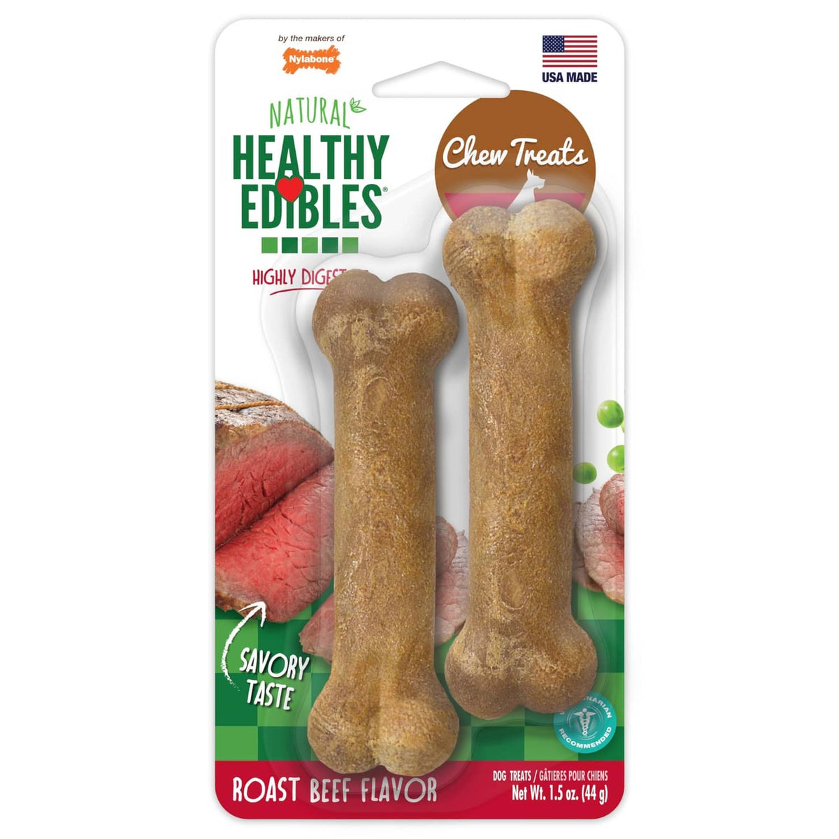 Dog chew bone treats in retail package, showing two tan bones
