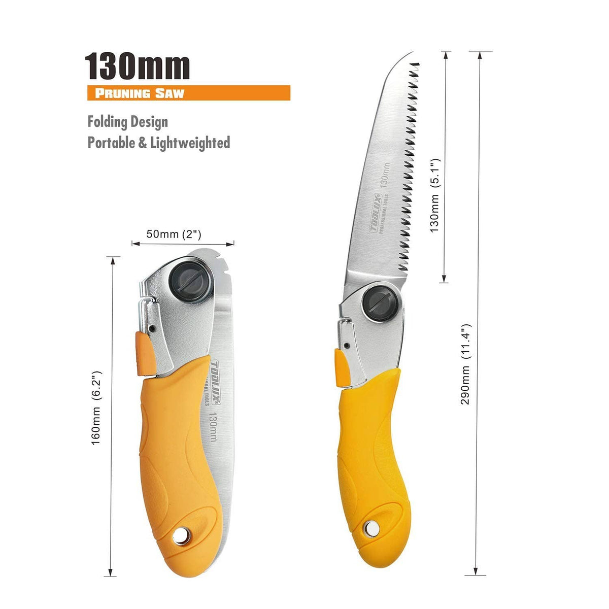 Folding pruning saw size view: 130mm blade with yellow handle and folding design
