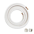 Coiled insulated mini-split copper tubing line set with brass connectors, white insulation.