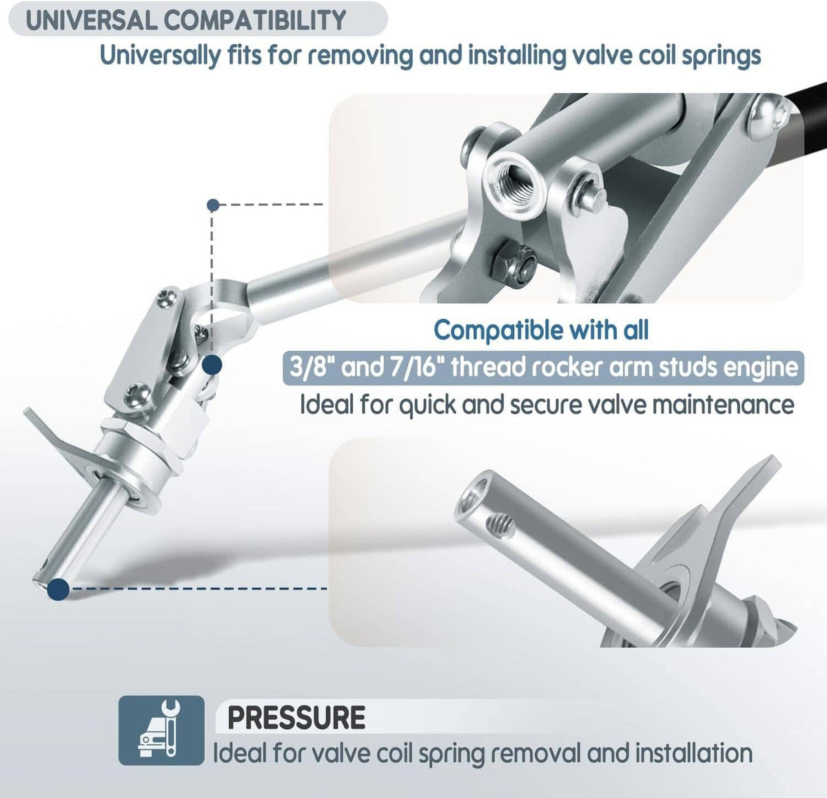 Valve spring compressor tool with adjustable fork and long handle for valve rockers