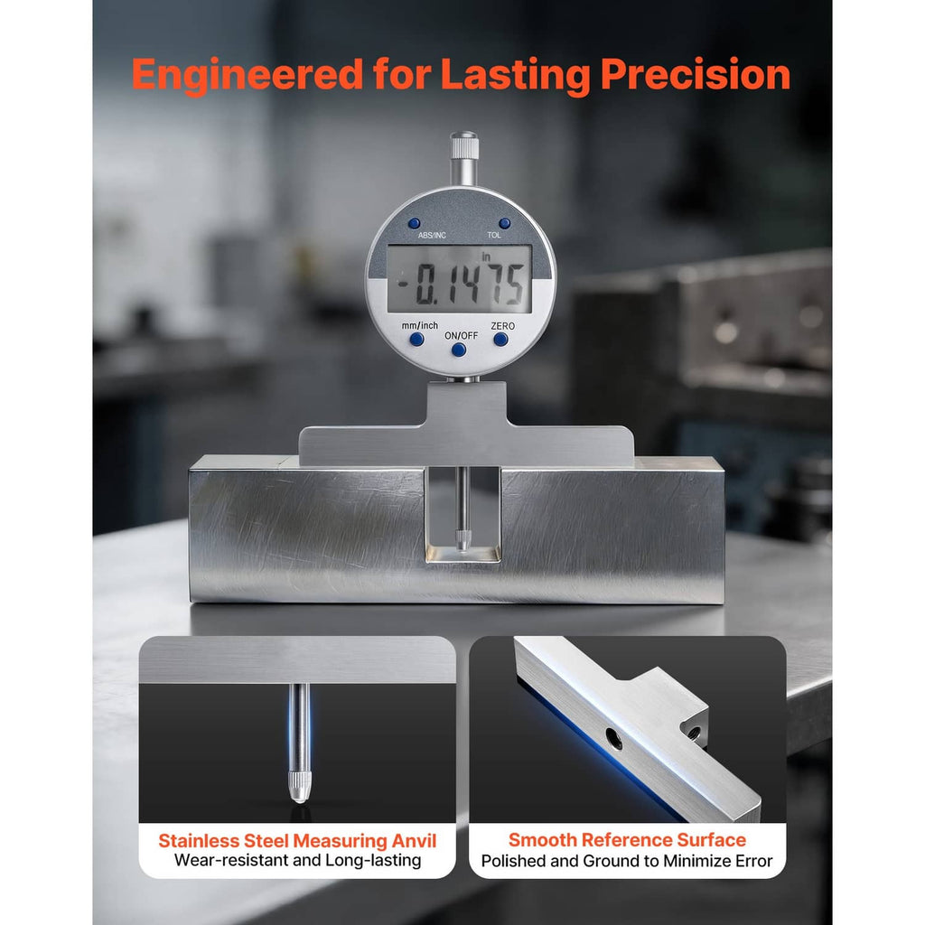 Digital depth gauge with stainless measuring anvil and polished reference surface