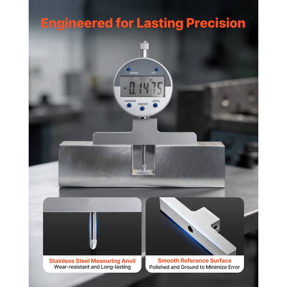 Digital depth gauge with stainless measuring anvil and polished reference surface