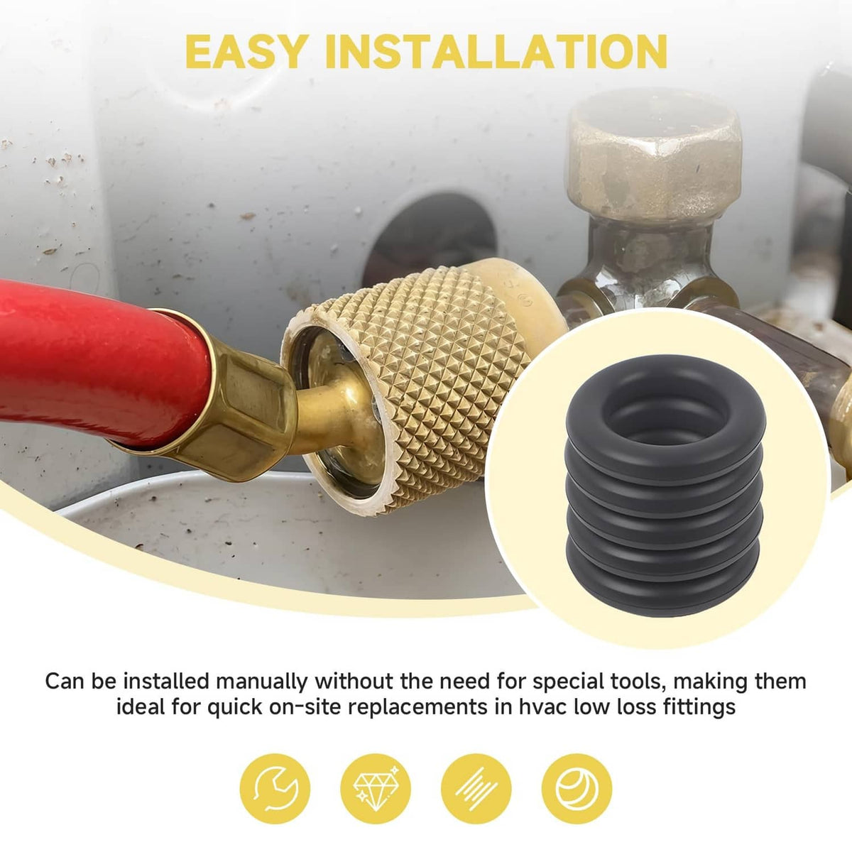 Black O-ring seal installing on brass hose fitting, flexible rubber