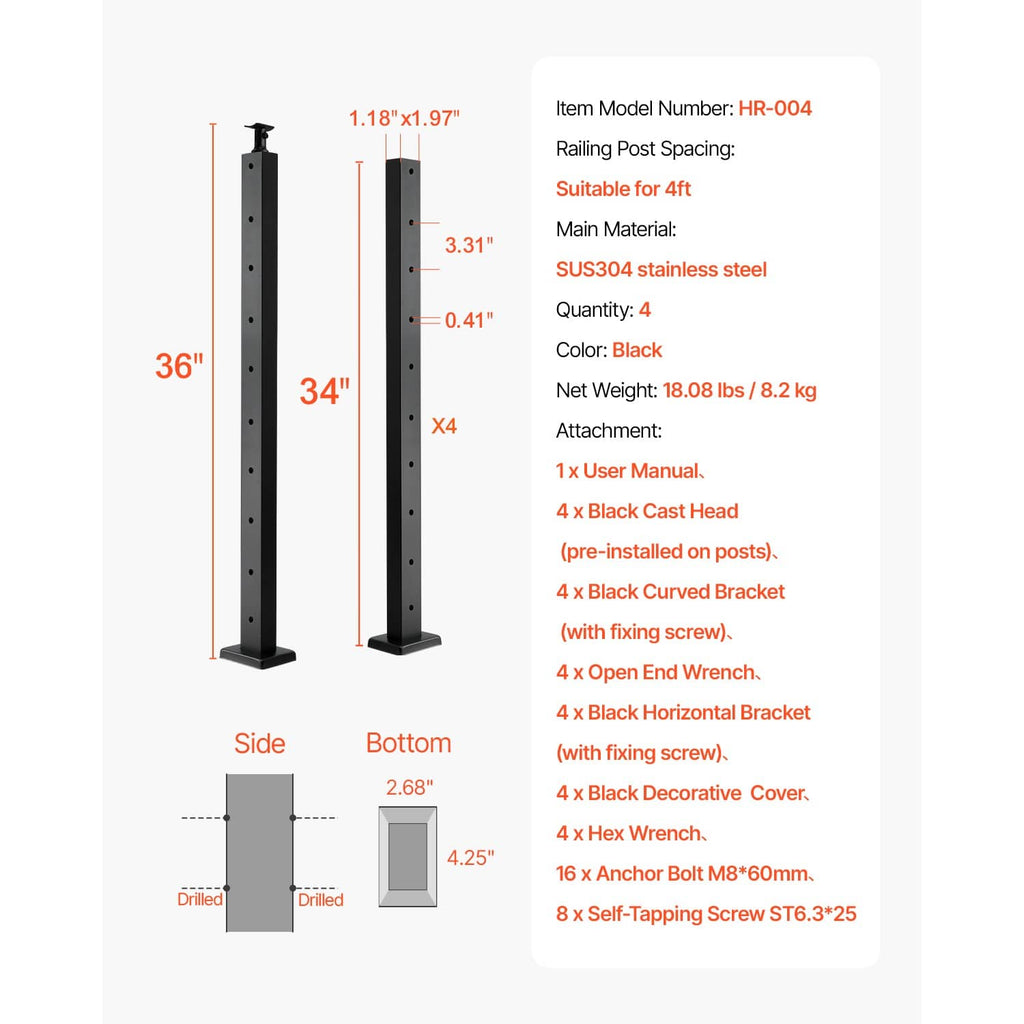 Black cable railing posts with 36-inch height and base dimensions, horizontal holes.
