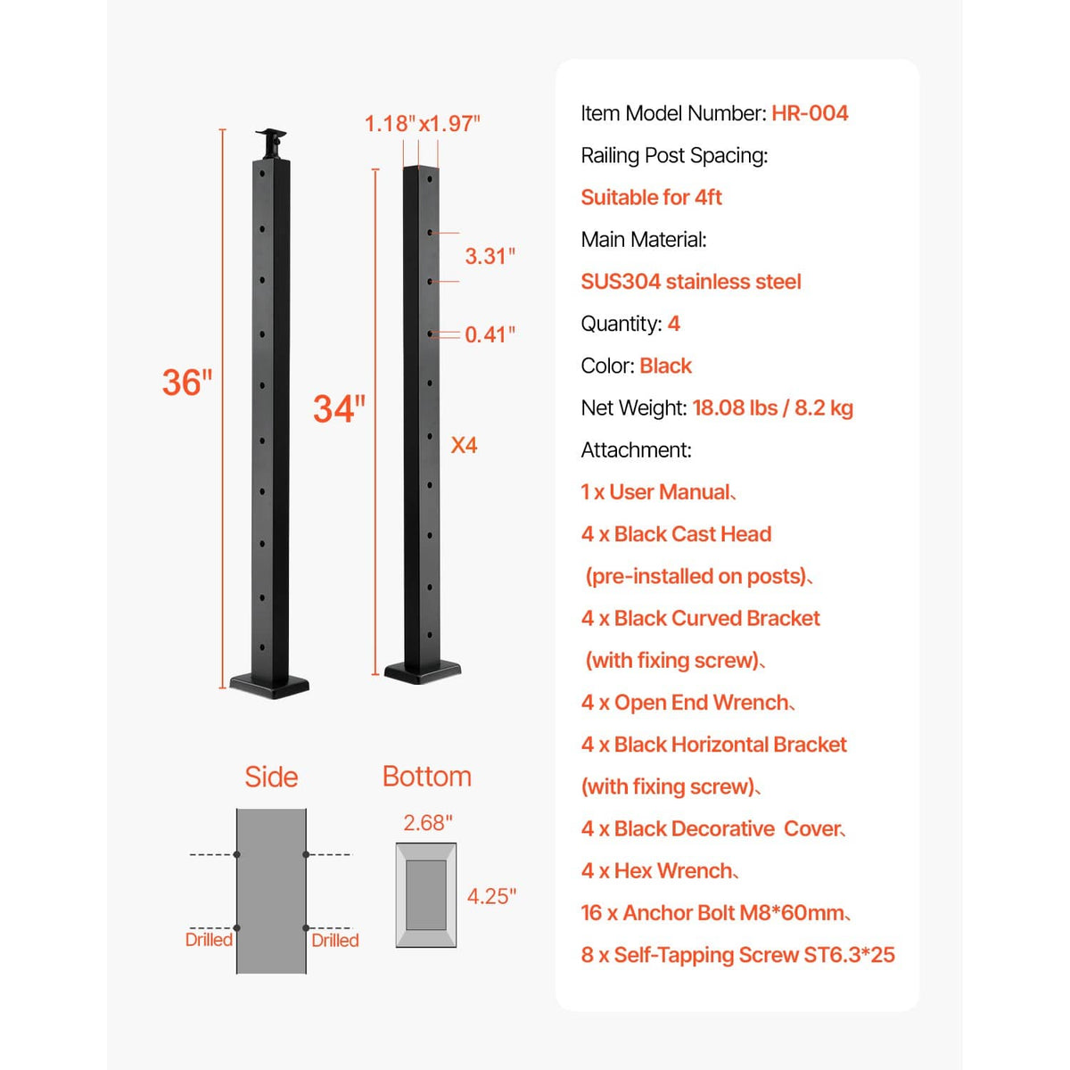 Black cable railing posts with 36-inch height and base dimensions, horizontal holes.