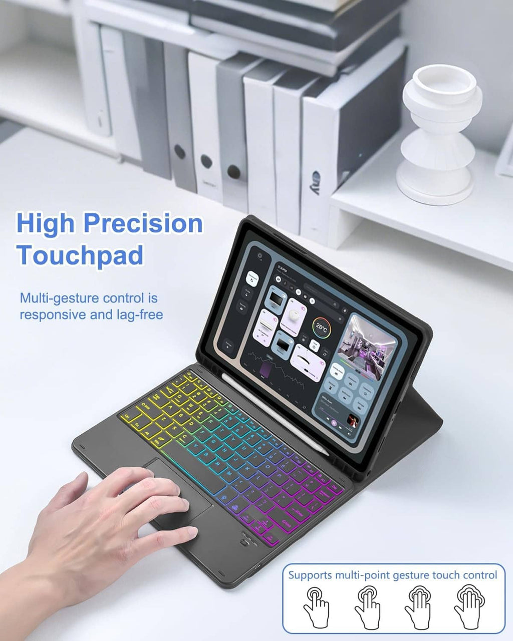 Black touchpad keyboard case with high-precision touchpad and rainbow backlit keys