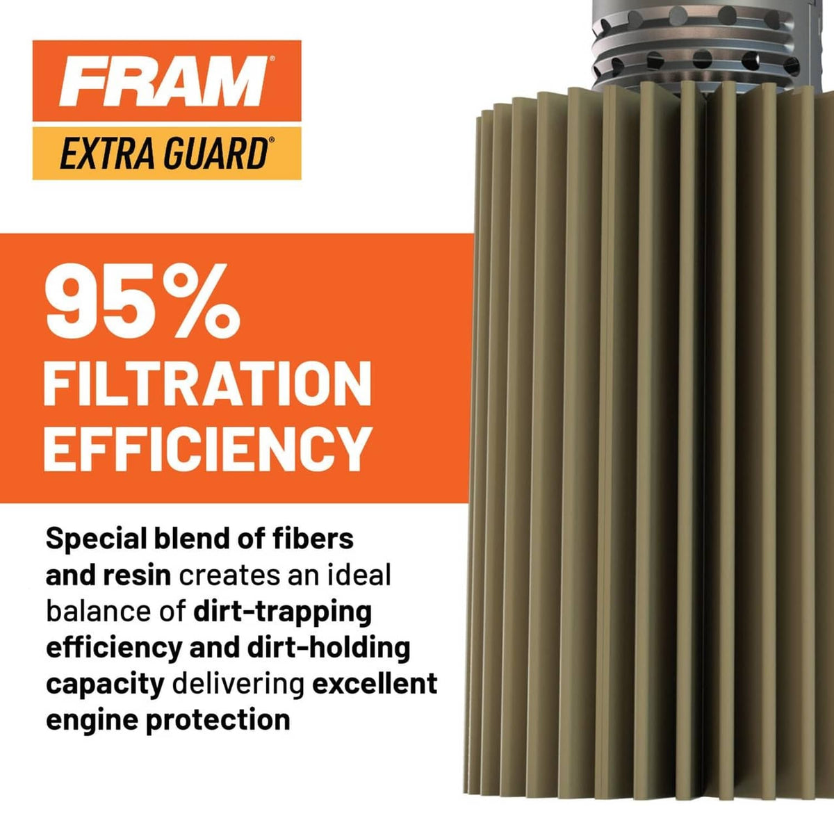 FRAM Extra Guard oil filter filtration efficiency graphic, 95% filtration