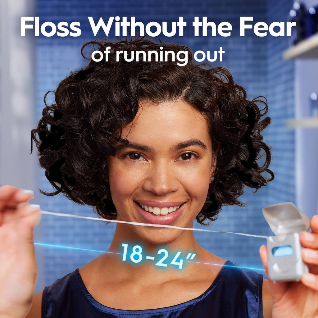 Woman flossing with Oral-B Glide deep clean cool mint floss thread