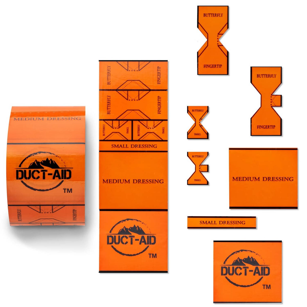 Orange bandage dressing packs and template shapes, multiple sizes for first aid