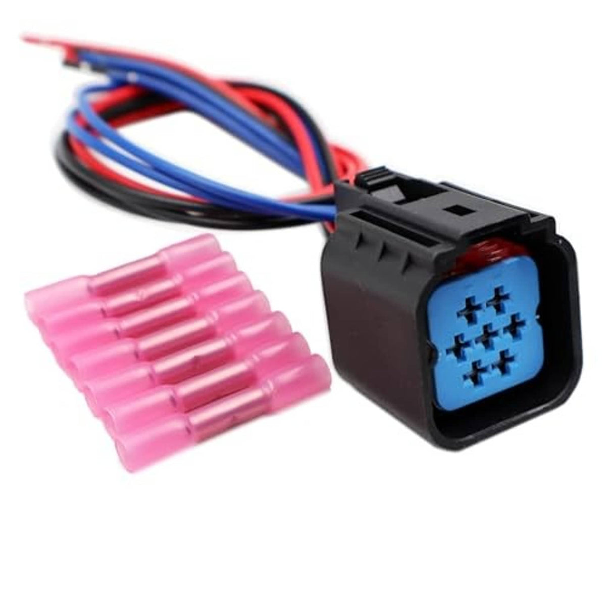 Headlight wiring connector with blue multi-pin plug, black shell, and pink wire terminals
