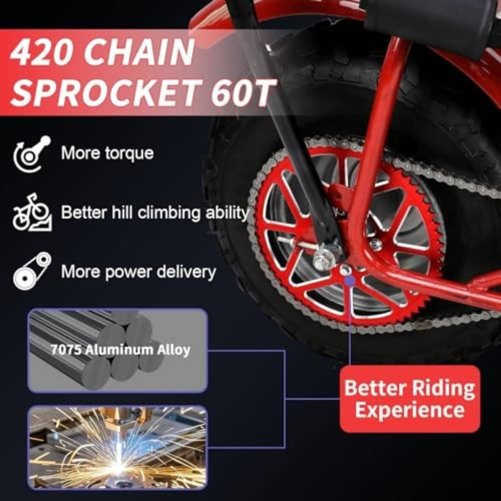 Red 60T chain sprocket on a mini bike wheel, sprocket teeth visible