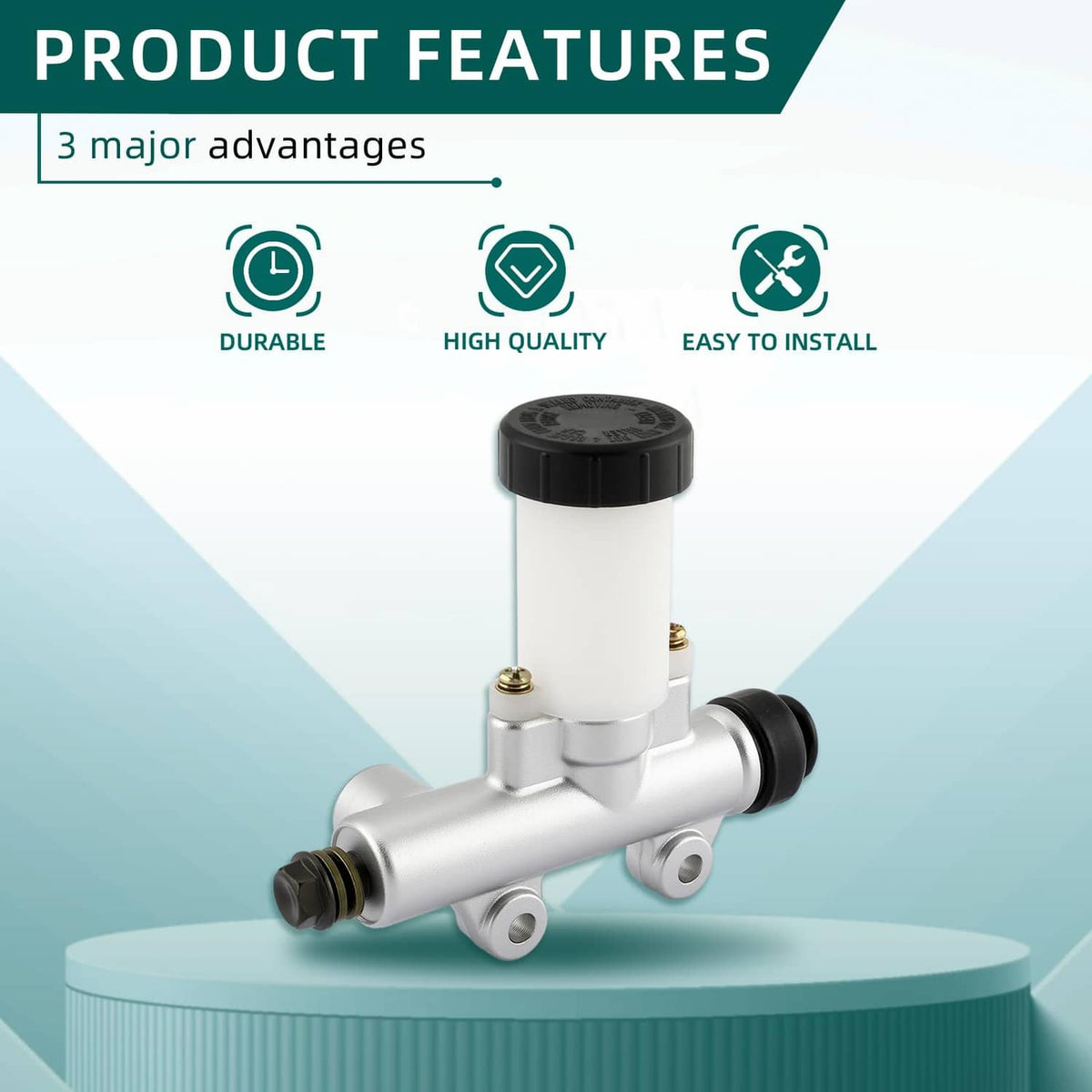Go-kart brake master cylinder with tall white reservoir, black cap, and side mounts