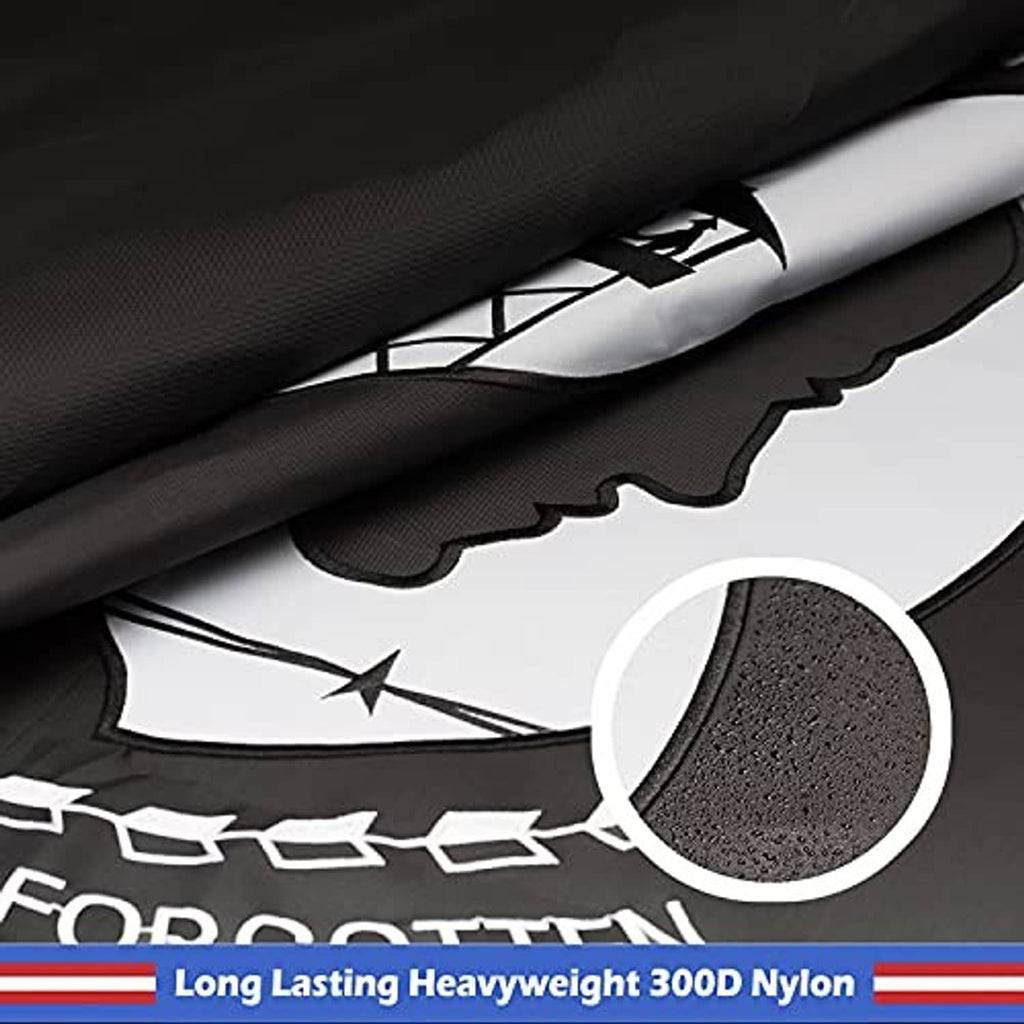 Embroidered POW-MIA flag hem close-up with scalloped edge stitching