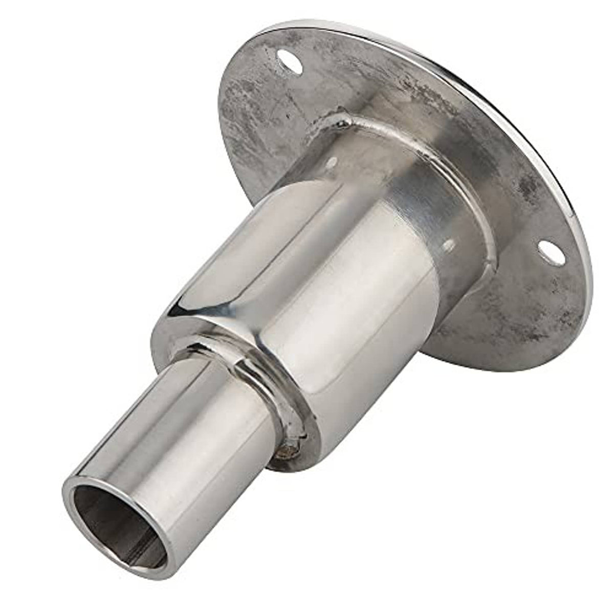 Stainless steel thru-hull exhaust skin fitting close-up with round flange and 24mm pipe