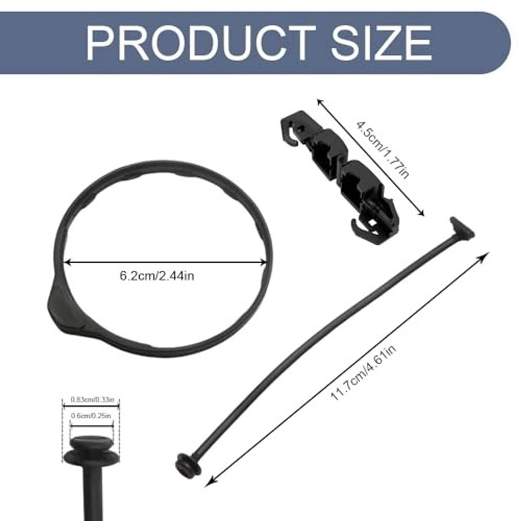 Black fuel cap strap holder kit with tether cord and two mounting clips