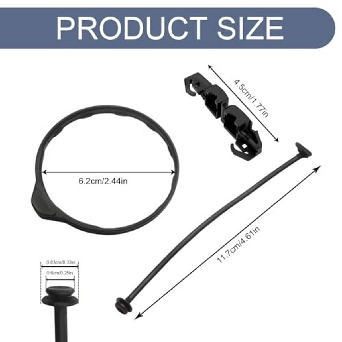 Black fuel cap strap holder kit with tether cord and two mounting clips