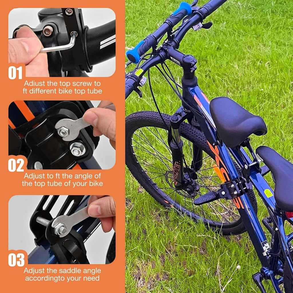 Kids front bike seat mount with adjustable screws and saddle angle adjustment