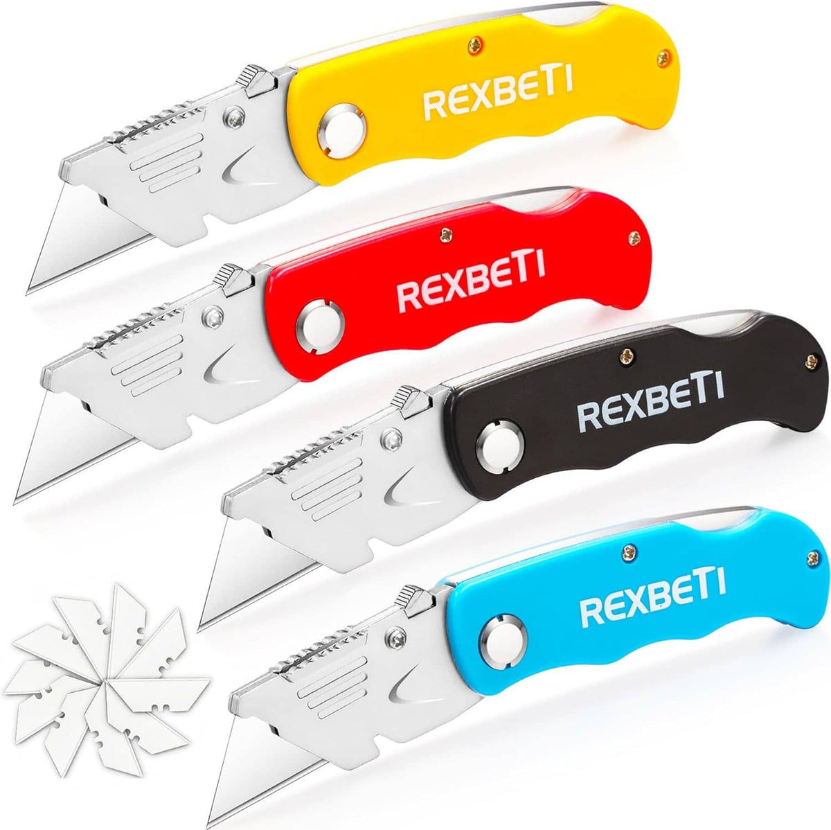 4 folding box cutter knives, quick-change style, with yellow/red/black/blue handles