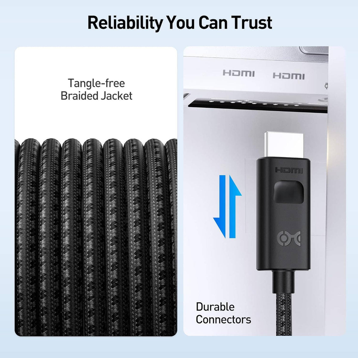 Braided black cable jacket detail plus male HDMI connector end