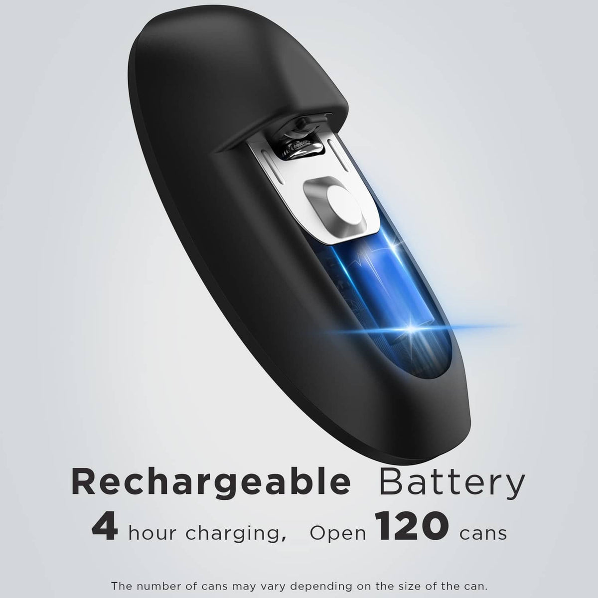 Rechargeable handheld electric can opener with USB charging port and blue indicator