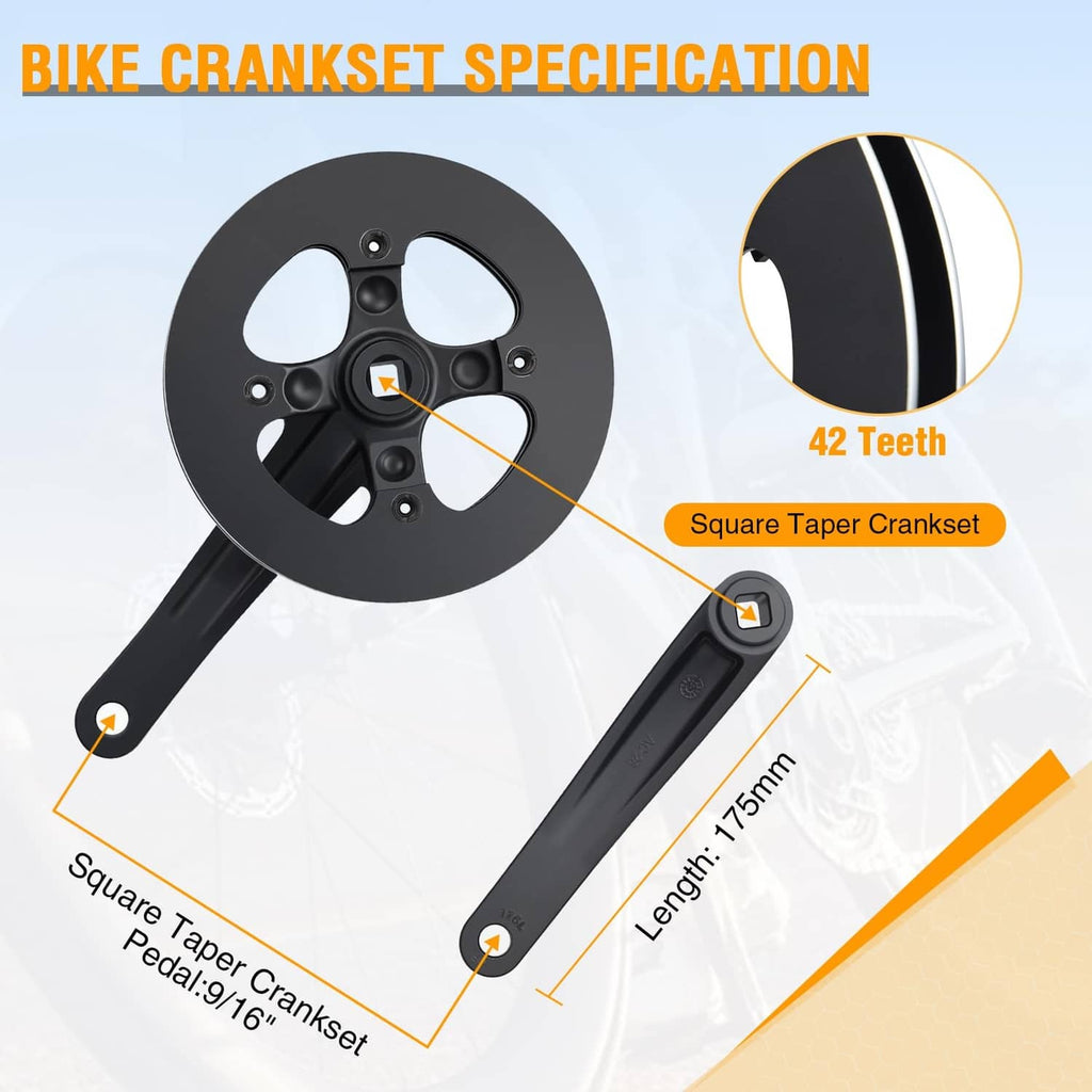 Black 42-tooth bike crankset with square-taper cranks and chainring
