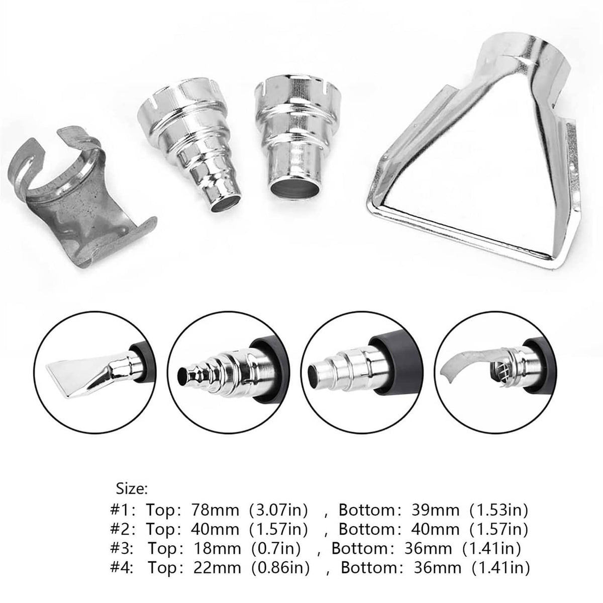 Heat gun nozzle attachments, shiny chrome-finish: triangular funnel, angled nozzle, and sleeves