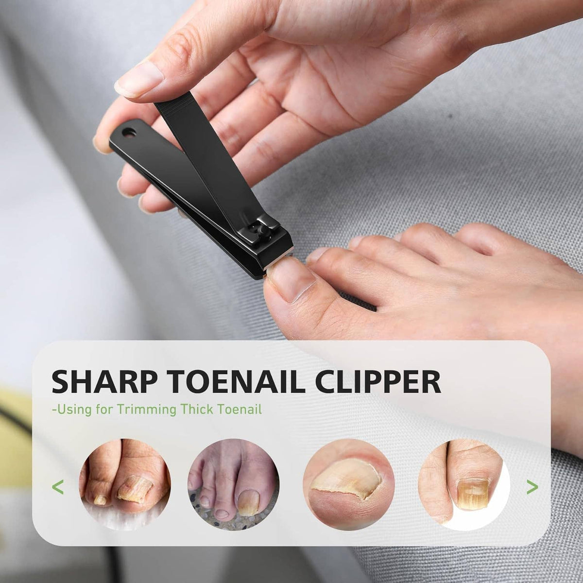 Toenail clipper held by hands, black straight blade with thumb rest