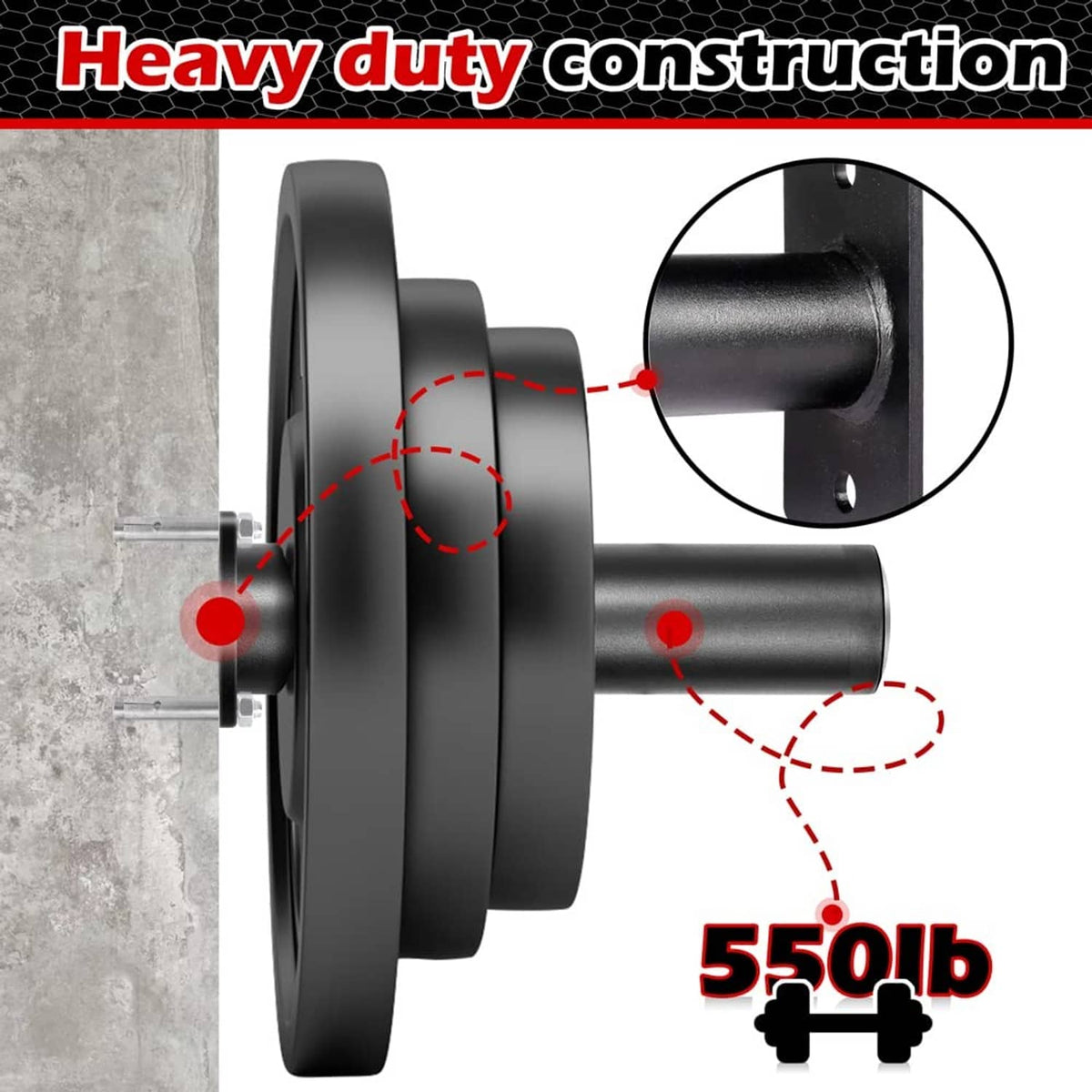 Olympic adapter sleeves on a barbell plate, heavy-duty construction with fastening points.
