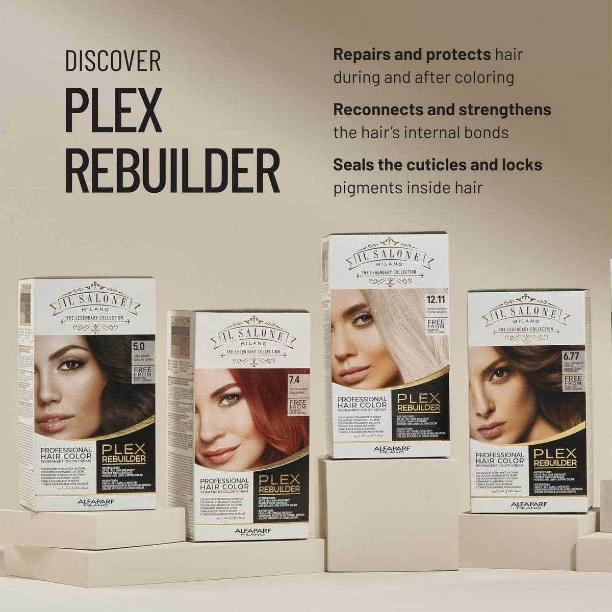 Plex Rebuilder permanent hair color cream display with multiple shade boxes