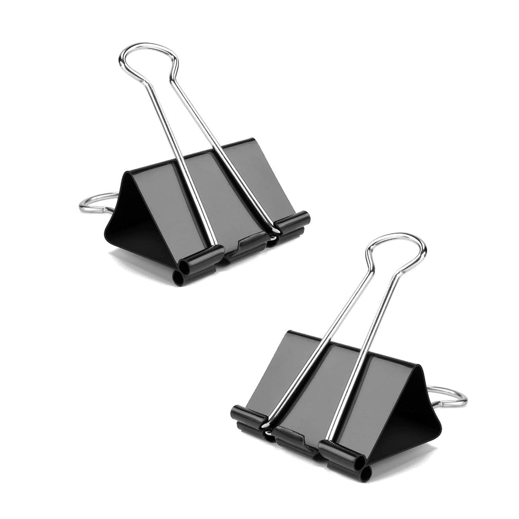 Two black binder clips with silver wire handles and side paper-grip bars