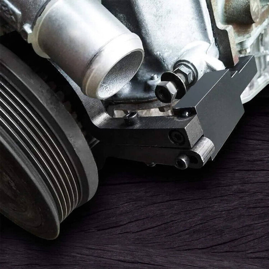 Camshaft timing tool bracket on engine camshaft area near pulley