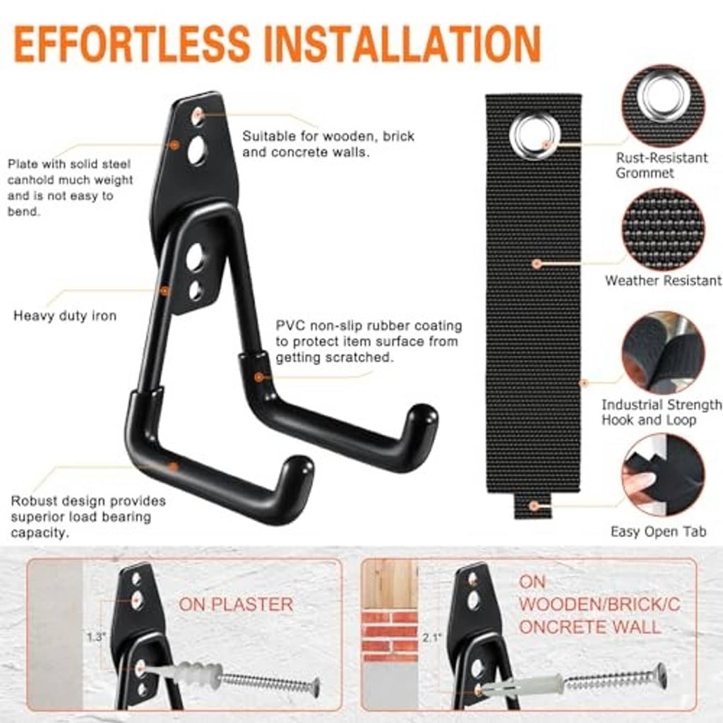 Black steel garage hooks with mounting plate, protective coating, and resistance feature icons