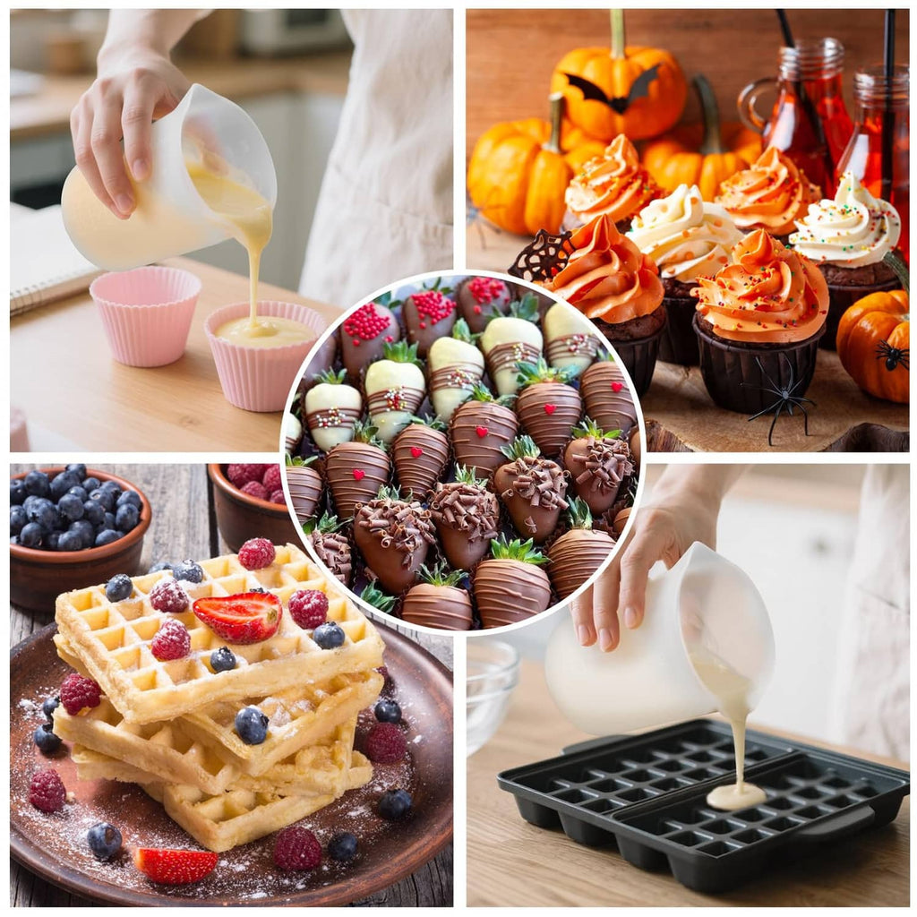 Silicone pouring cup for melted chocolate, flexible body with tapered spout