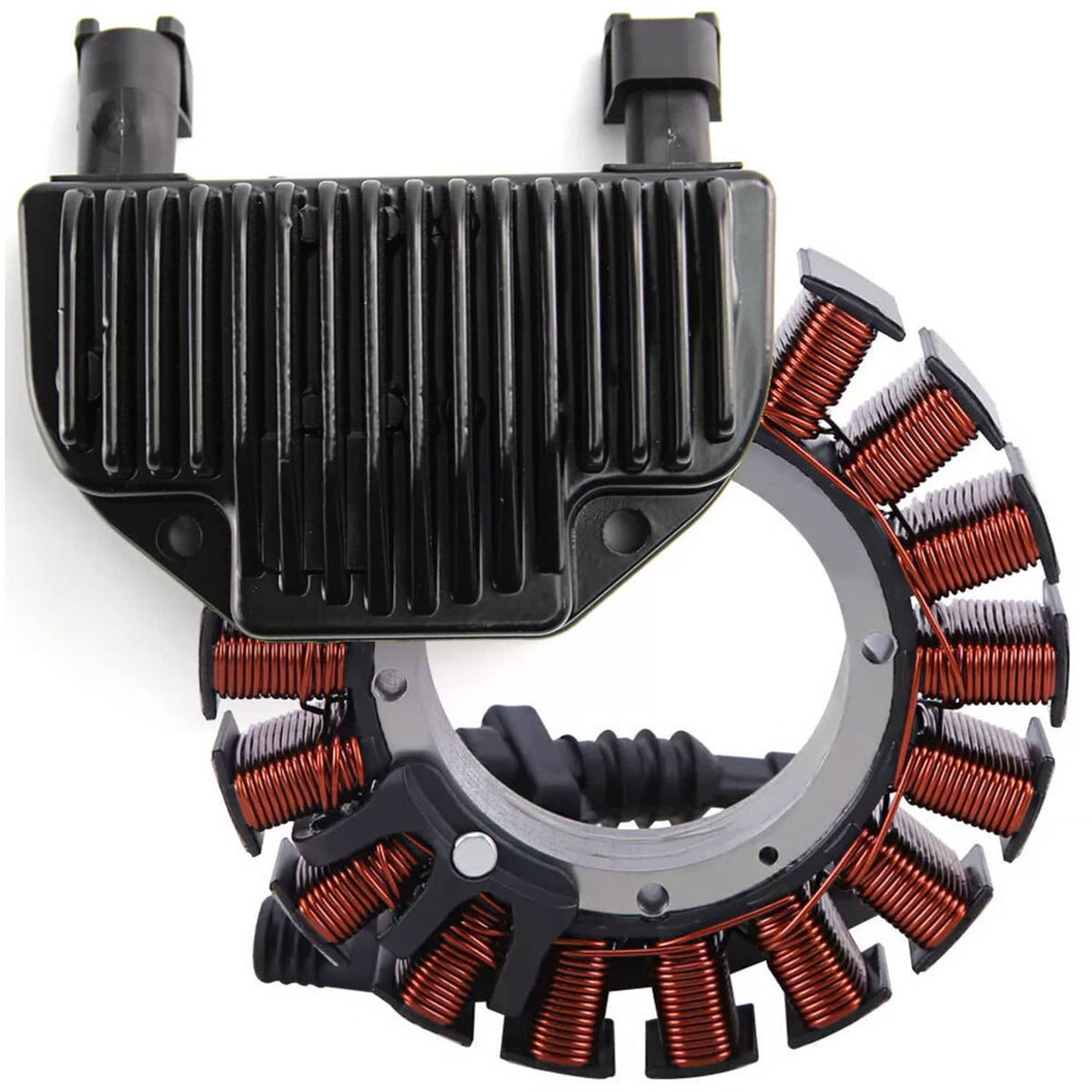 Motorcycle voltage regulator and stator ring with copper wound coils and wiring