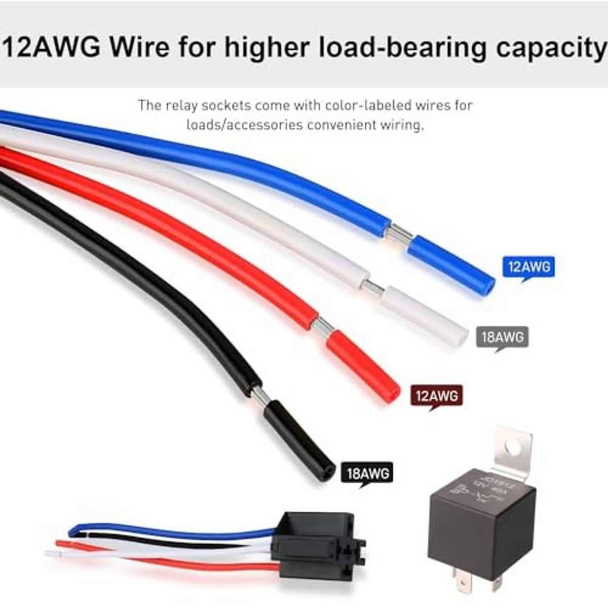 12AWG color-coded wire set for 24V 4-pin relay harness, plus black relay and socket