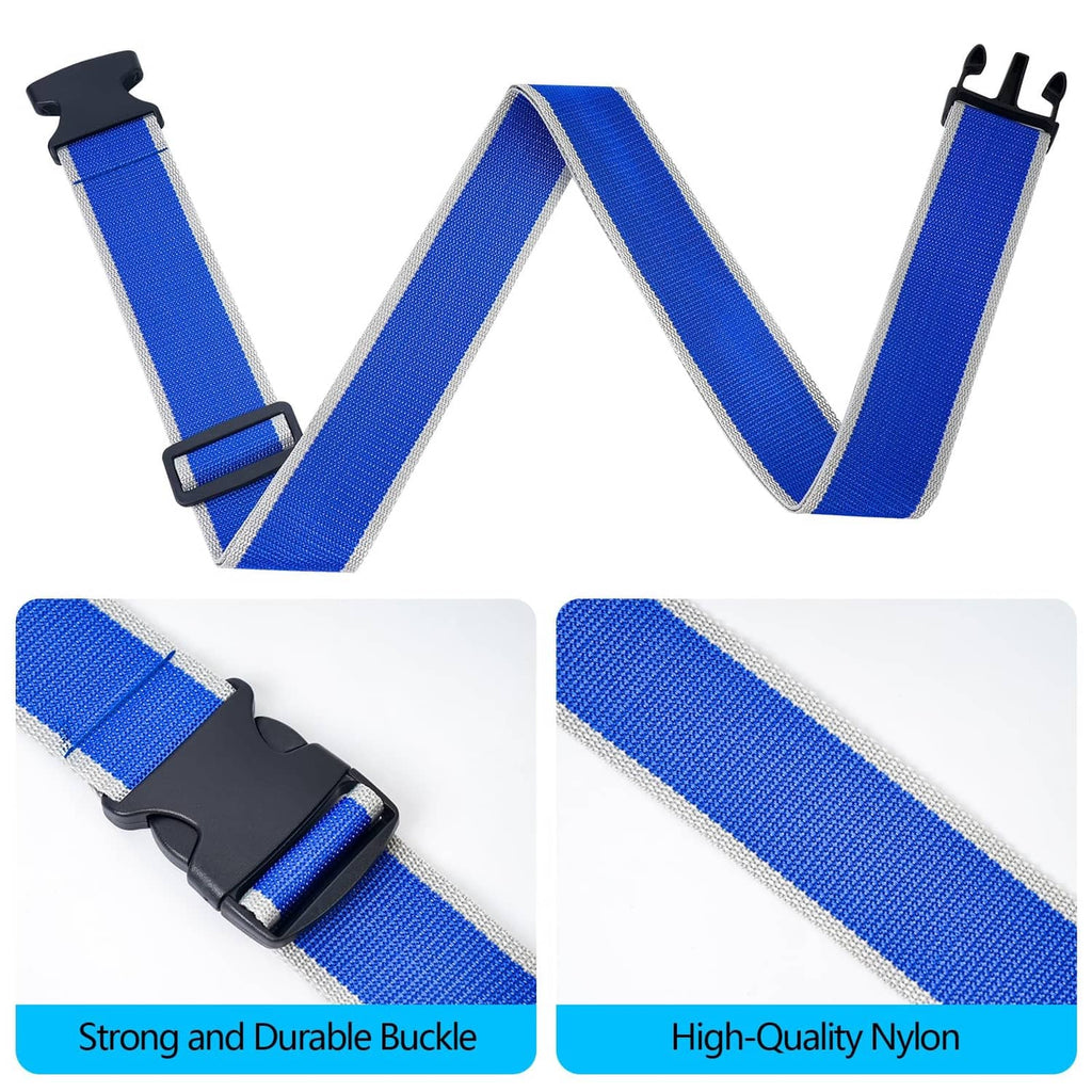Blue nylon luggage strap with black buckle fastener in close-up