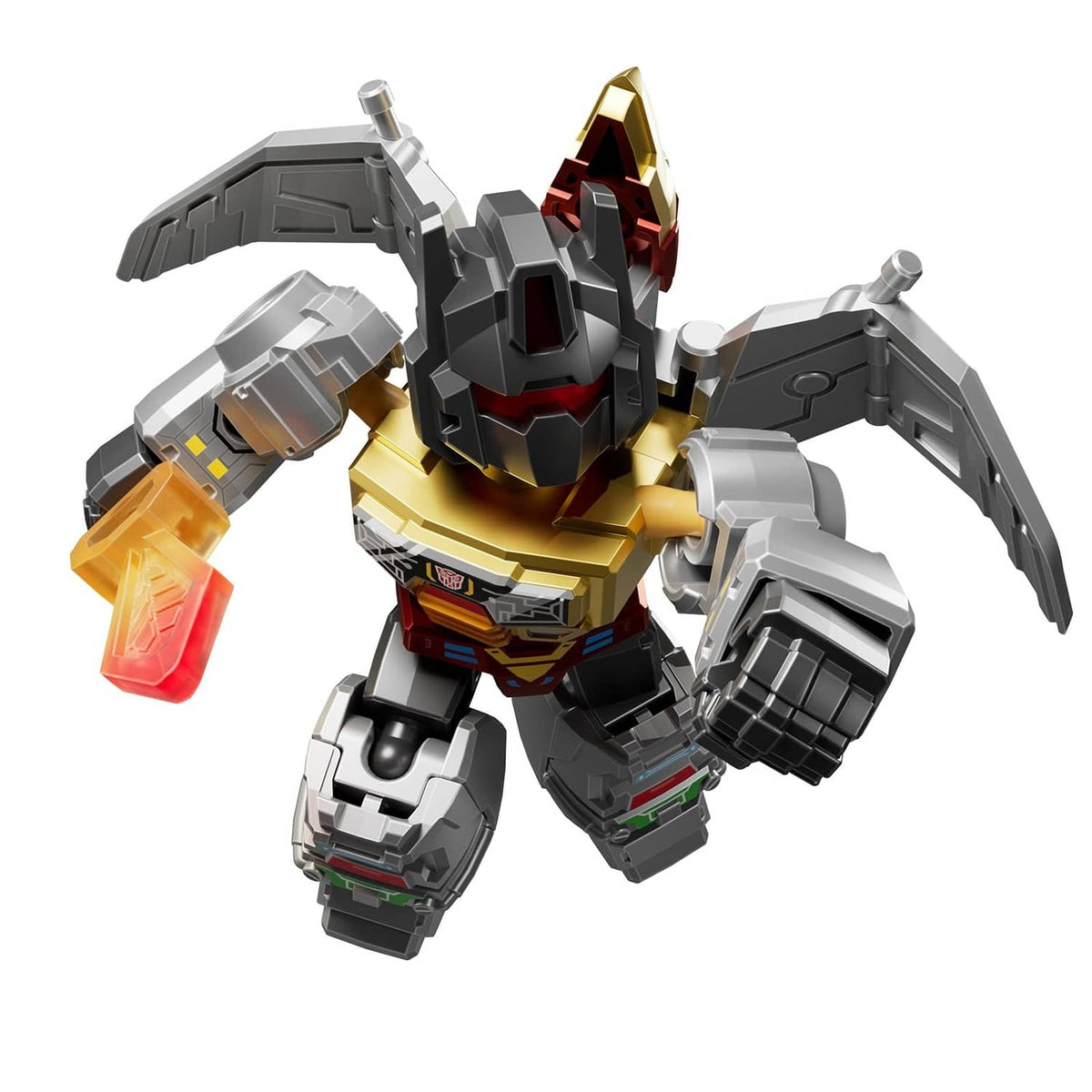Gold and gray Transformers defender robot figure with winged arms, posed