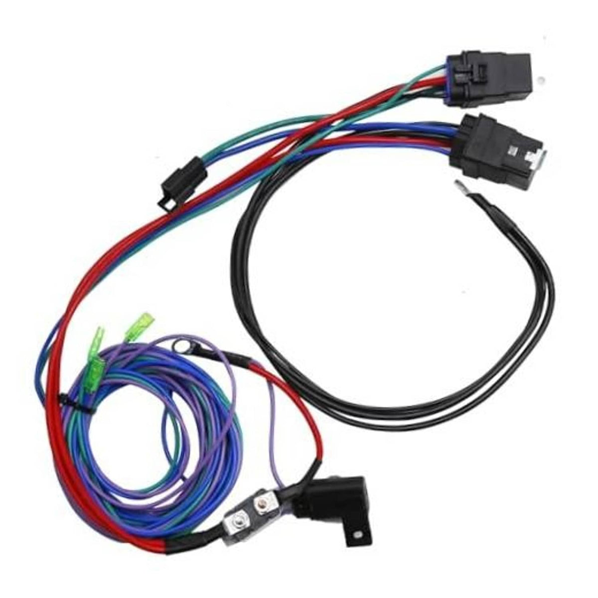 Marine wiring cable harness with multi-pin connectors and color-coded wires, coiled cable