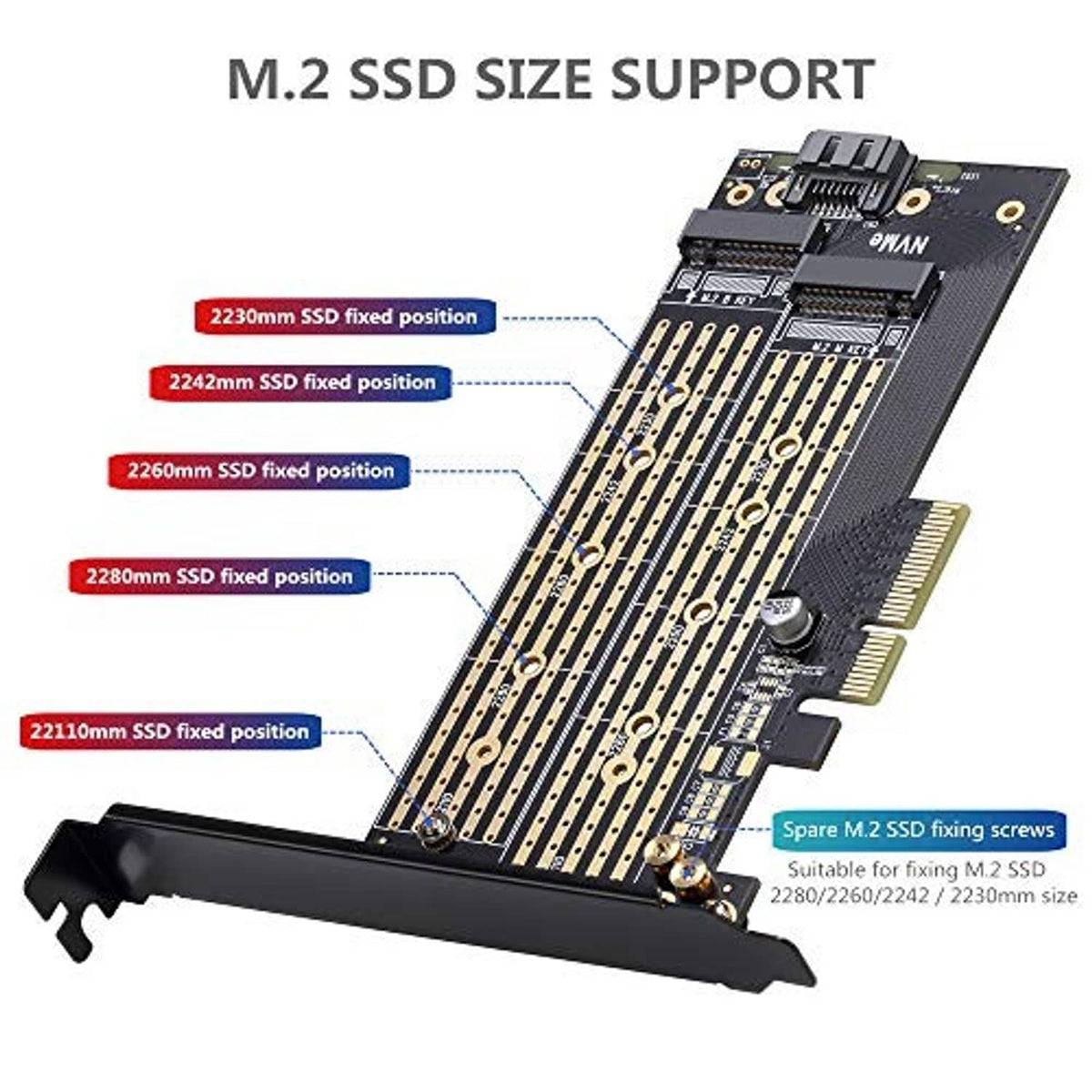 Dual M.2 SSD adapter card with heatsink and visible SSD length mounting positions