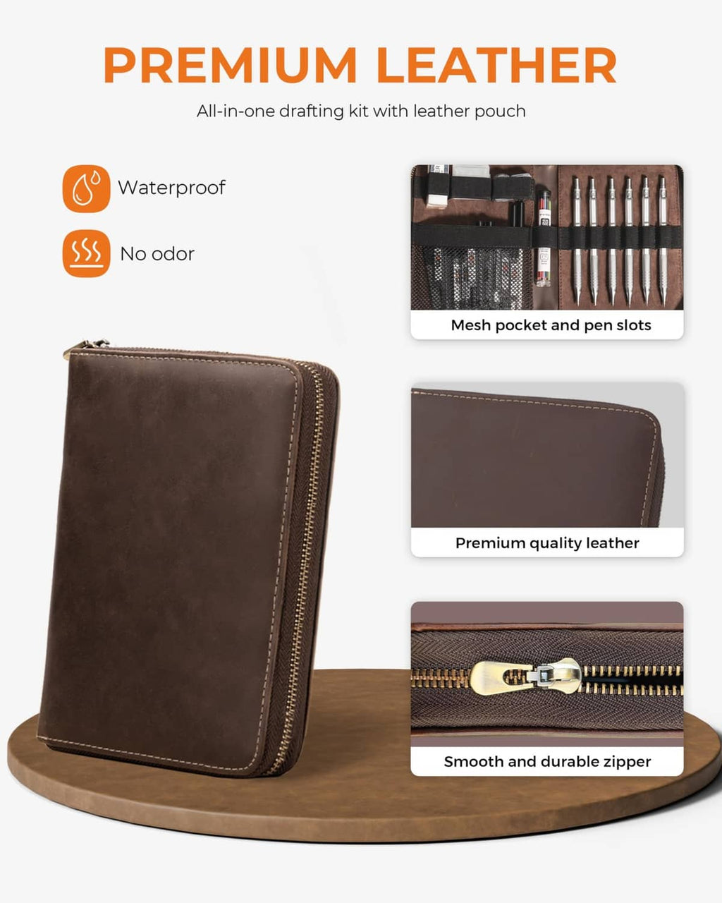 Brown premium leather drafting pouch with zipper and pen slots