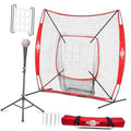 Red baseball practice net with steel frame, front strike-zone target and batting tee stand