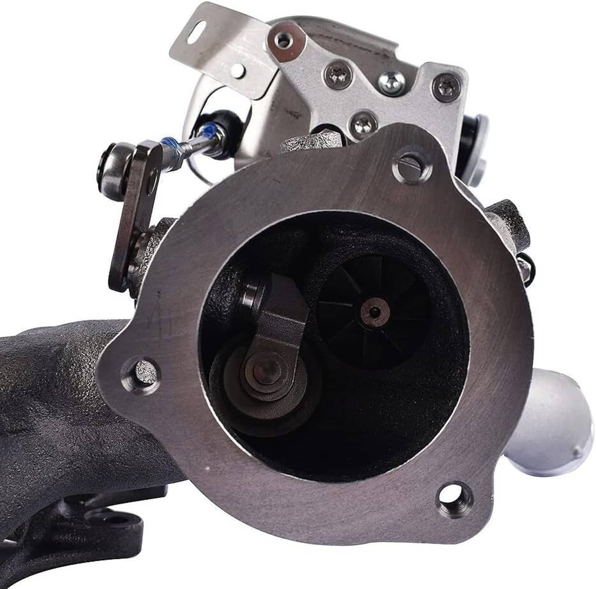Turbocharger inlet housing close-up with black intake opening and silver mounting flange