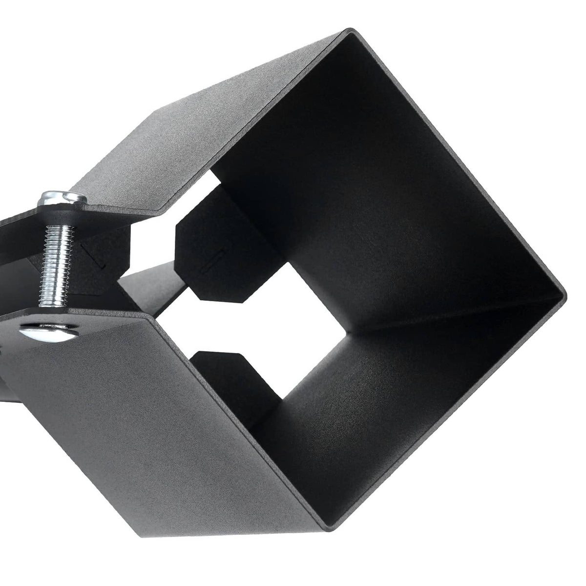 Metal ground spike fence post anchor with square mounting bracket, dark gray.