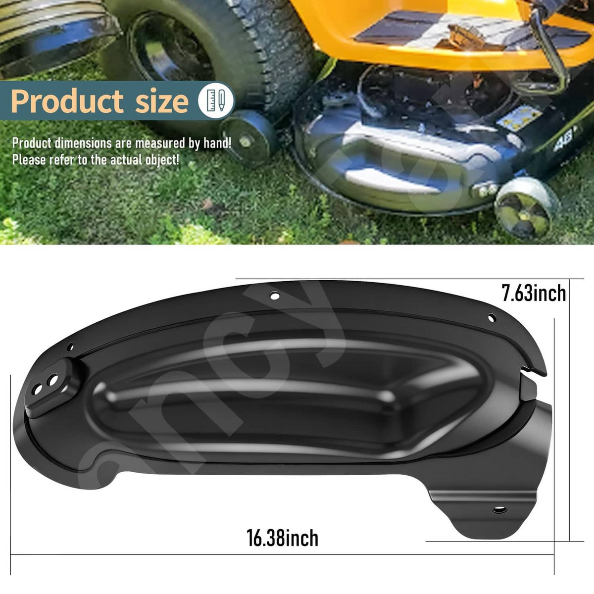 Black mulch plug with oval cover and mounting holes, shown with size guide